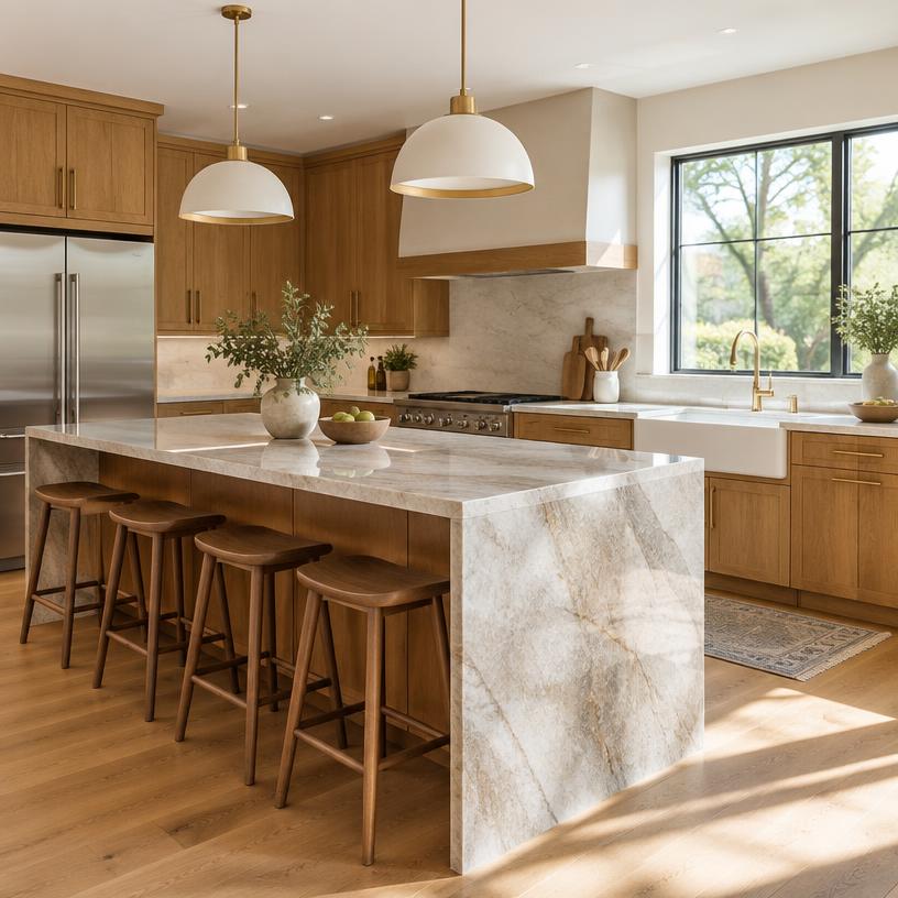 Remodeled kitchen with oak cabinets and stone island