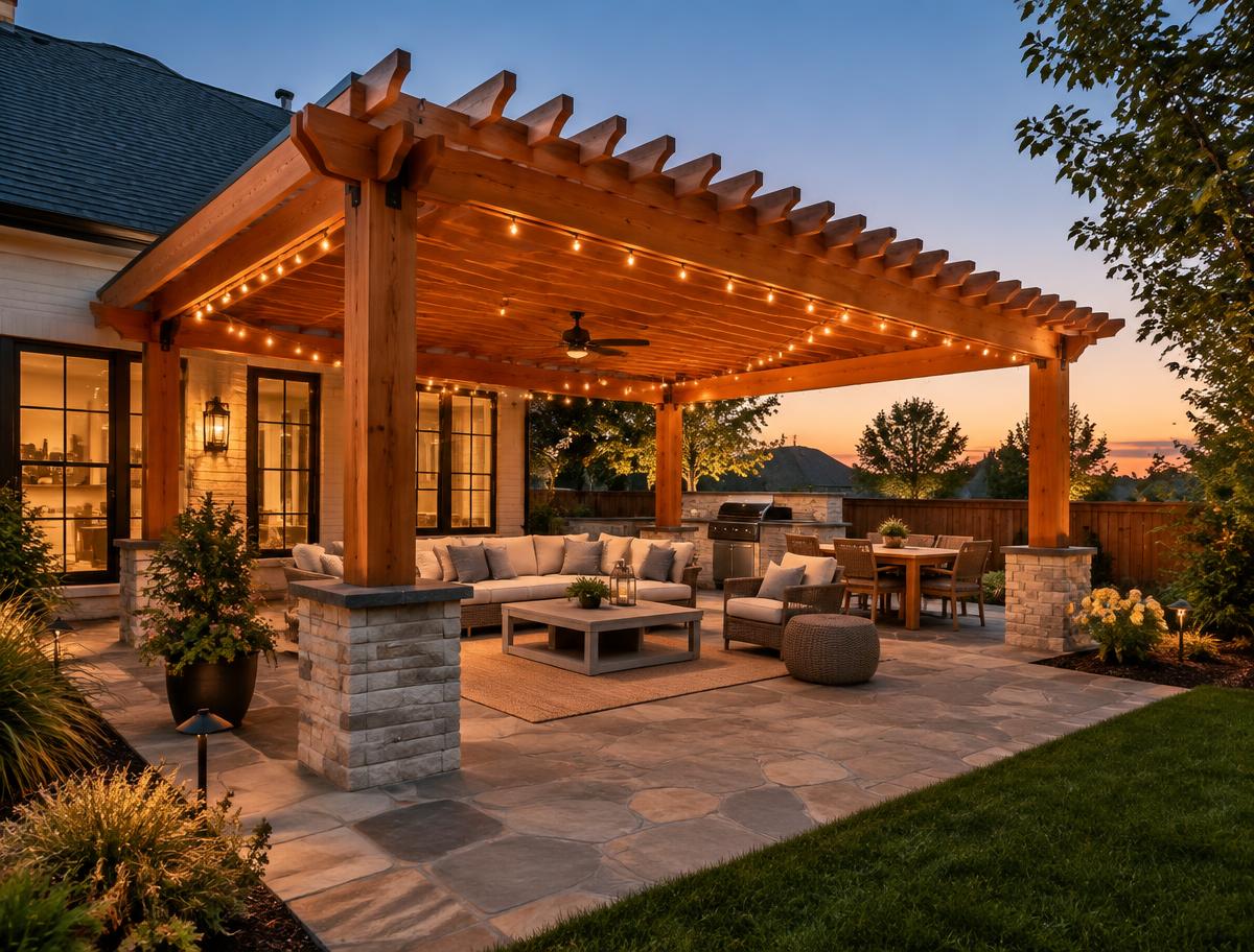 Cedar pergola over a stone patio with string lights at dusk